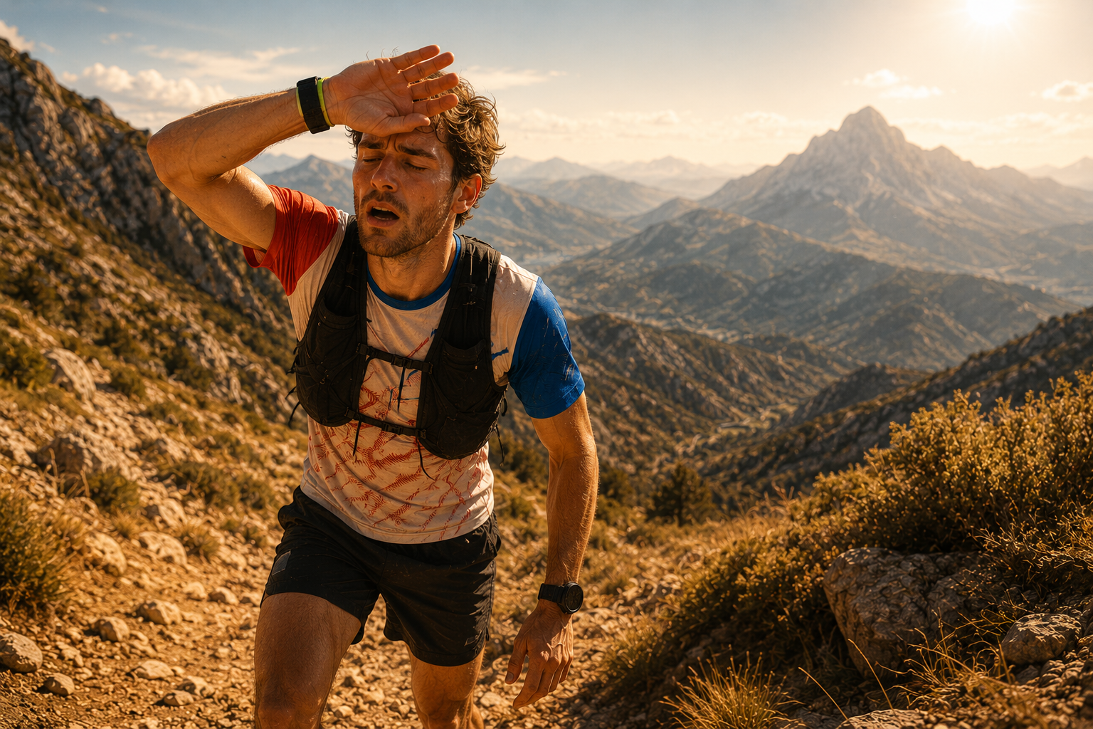 Gourde d'eau et bidon d'hydratation posés sur un sentier de trail dans les Cévennes