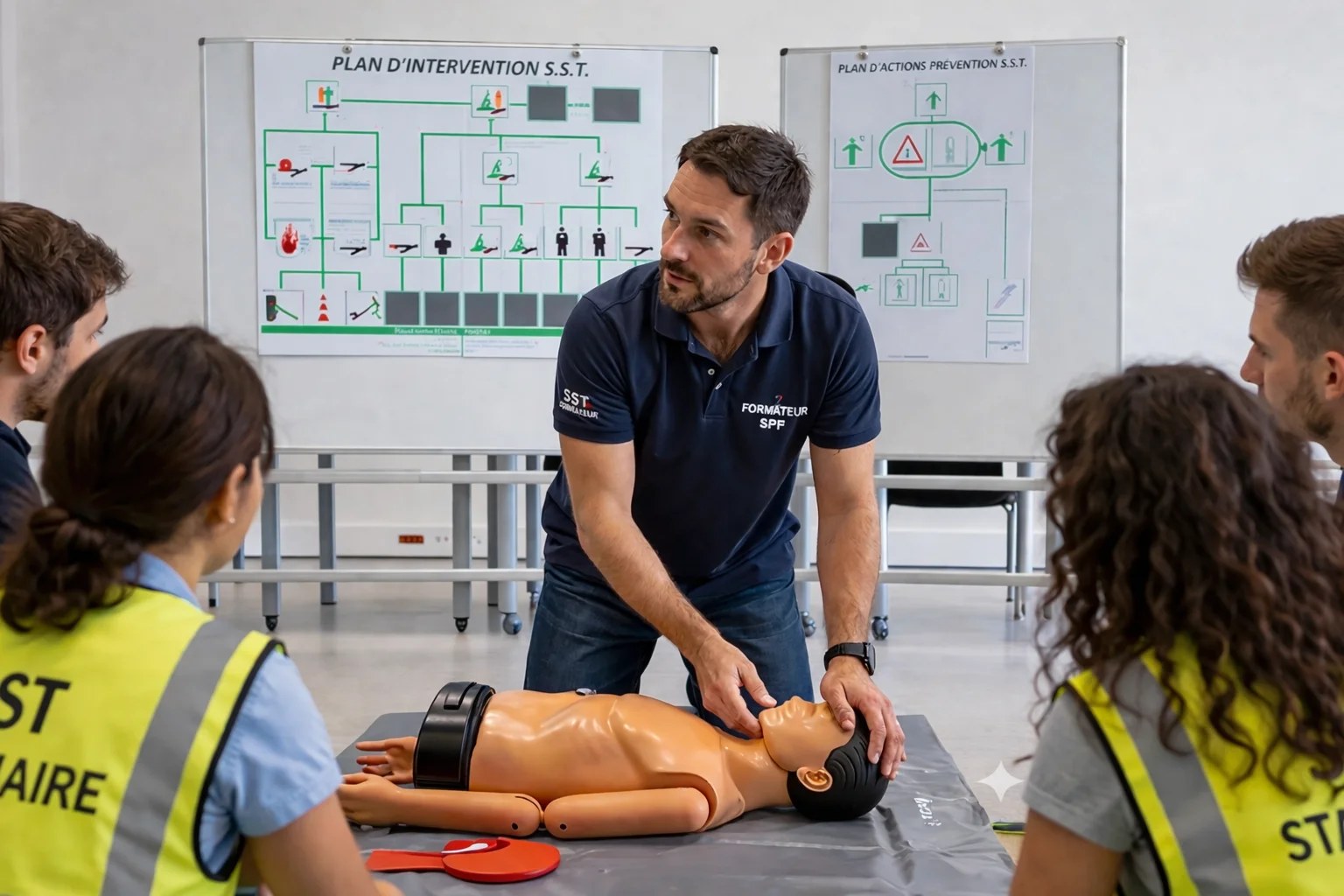 Participants à une formation aux premiers secours pratiquant le massage cardiaque sur un mannequin